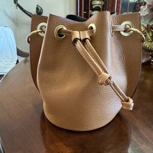 Pebbled Tan Leather Drawstring Bucket Crossbody Bag